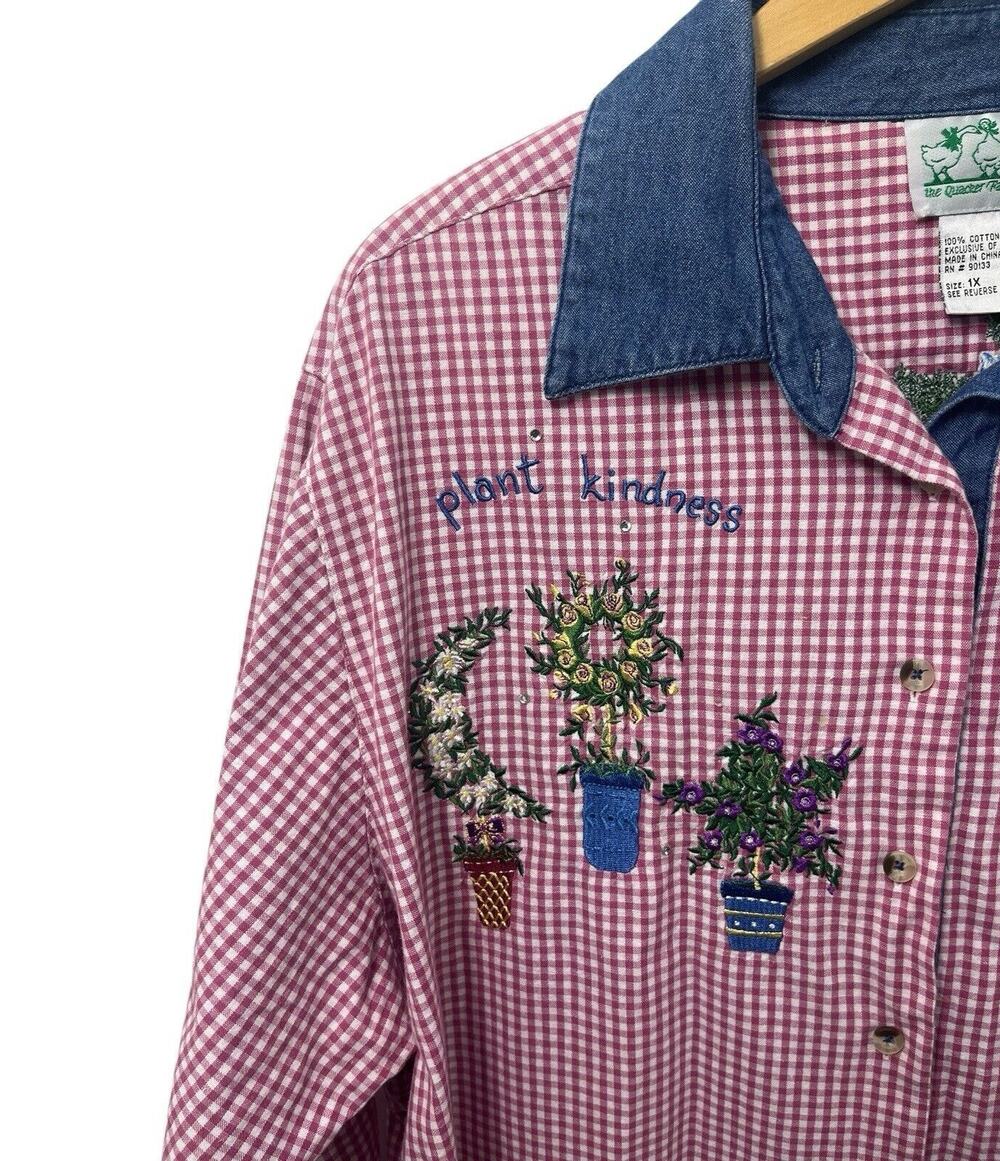 Quacker Factory Rose Red Gingham Button Shirt Denim 1X Spring Grandmacore